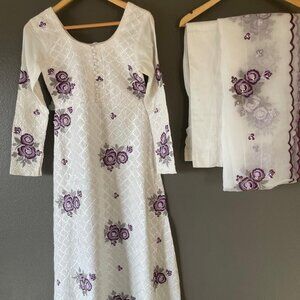 Elegant White and Purple Embroidered Suit 3-piece